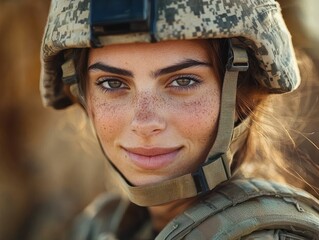 Close-up portrait of a smiling young woman soldier wearing a camouflage helmet and uniform with freckles on her face in outdoor natural light