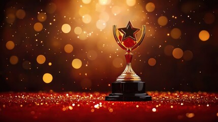 Shiny golden trophy with a star on a black base glowing against a sparkling, warm bokeh background evoking celebration and achievement