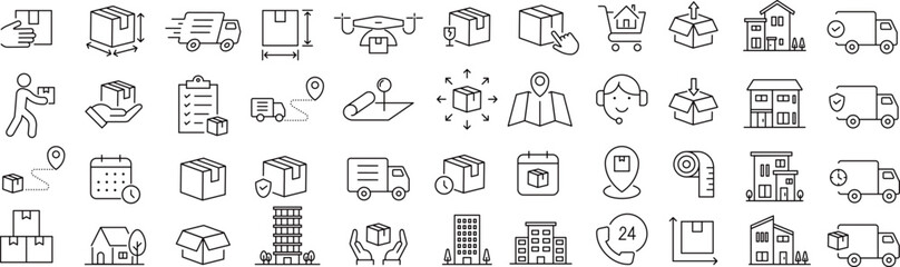 ベクターでモノクロの引っ越しに関する線画アイコンセット

