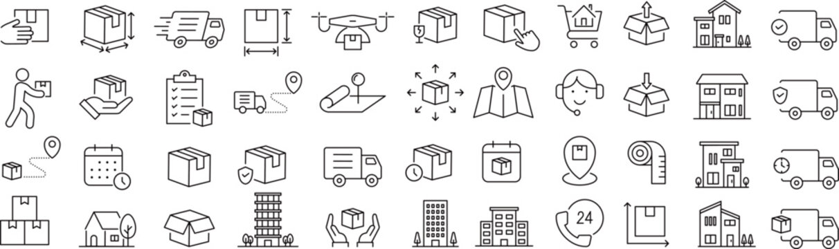 ベクターでモノクロの引っ越しに関する線画アイコンセット

