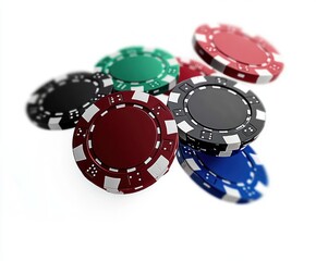 Close-up view of colorful casino poker chips stacked and scattered on a white background, evoking excitement and chance