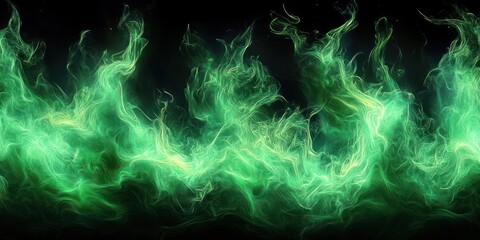 Abstract swirling green flames with bright neon highlights against a black background creating a dynamic and ethereal visual effect