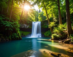 A cascading waterfall plunges into a turquoise pool. Sunlight streams through lush green trees, illuminating the scene
