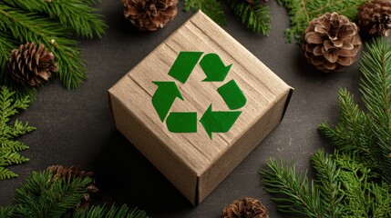 Eco Friendly Recycled Cardboard Box with Green Recycling Symbol on a Dark Background Surrounded by Pine Cones and Evergreen Branches for Sustainability