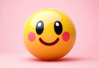Shiny yellow round emoticon with big black eyes, pink cheeks and a red smiling mouth on soft pink background expressing happiness and cuteness
