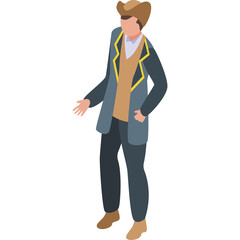 Isometric cowboy character in a tan hat and blue jacket over a tan vest and white shirt with dark pants and brown shoes with a transparent background