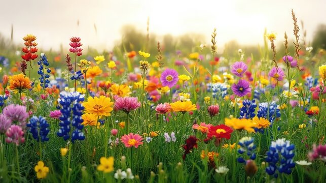Vibrant colorful wildflowers bloom in a sunlit meadow with a soft glowing background, creating a cheerful and lively natural scene