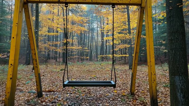 Peaceful scene of empty swing set in beautiful autumn forest surrounded by trees with vibrant yellow leaves covering ground for tranquility nostalgia nature concept