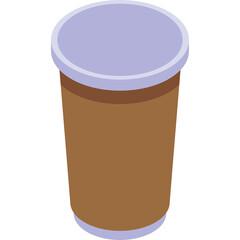 Isometric Coffee Cup With Brown Sleeve and Purple Lid On Transparent Background Minimalist Pixel Art Illustration
