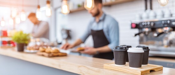 Cozy modern coffee shop with barista prepa drinks and fresh baked goods on a busy counter in bright welcoming space