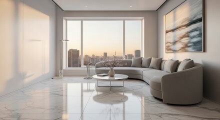 Fototapeta premium Modern living room with panoramic city views floor-to-ceiling windows plush sectional sofa elegant coffee table