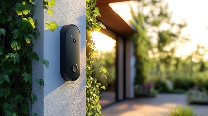 modern black video doorbell mounted on white wall surrounded by green leaves with a blurred garden and house exterior in the background during golden hour