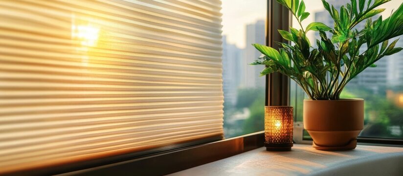Sunlight streaming through pleated window blinds onto a windowsill with a potted green plant and a lit decorative candle as a cityscape blurs in the background