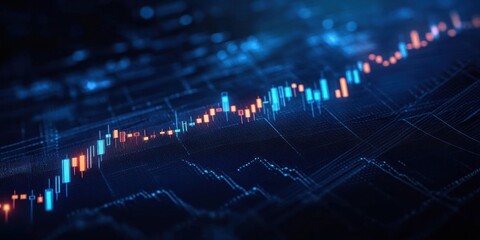 Digital financial graph with glowing blue and orange candlestick chart lines on dark futuristic background showing market trends and data analysis