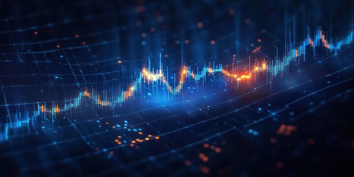Digital visualization of a financial or data graph with glowing blue and orange lines representing fluctuating data points on a dark grid background