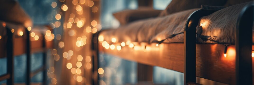 Cozy Bunk Beds Adorned With Warm Fairy Lights in a Tranquil Cabin Setting During the Evening