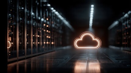Modern data center with illuminated cloud icon representing cloud computing technology and digital infrastructure in a futuristic environment