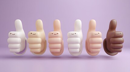 Six cheerful, rounded thumbs up icons displaying diverse skin tones stand aligned against a pastel background.