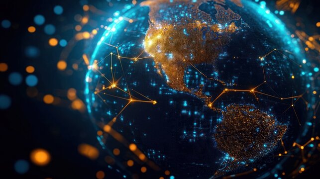Digital globe representing North and South America with illuminated network connections and glowing blue and orange data points symbolizing global communication and technology