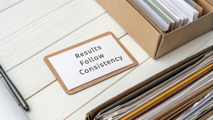 Inspirational Quote Card on Consistency and Results with Organized Desk Materials in Background