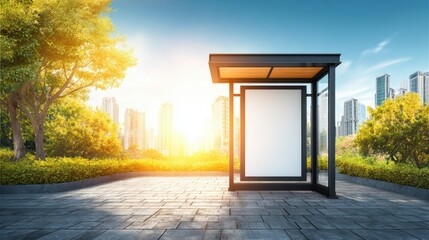 Modern bus stop shelter, urban cityscape background with skyscrapers and greenery, sunny day park walkway, contemporary outdoor waiting area
