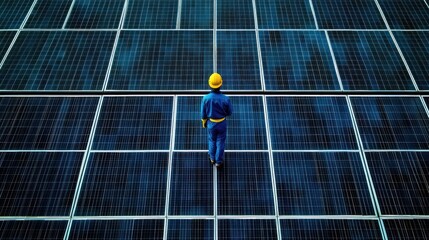 Worker in protective clothing and yellow helmet walking on large solar panel array representing renewable energy and technology