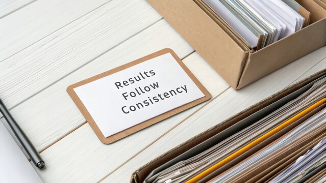 Inspirational Quote Card on Consistency and Results with Organized Desk Materials in Background
