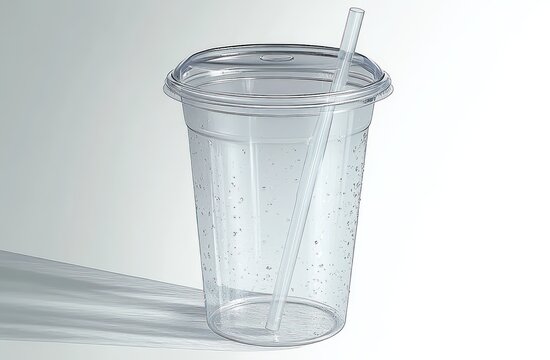 Clear plastic disposable cup with lid and straw on a light surface casting a soft shadow