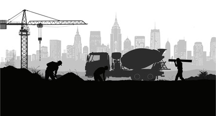 Obraz premium Dynamic construction workers building silhouette, modern city skyline backdrop, vibrant urban development project in progress