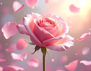 A close-up of a blooming pink rose and falling petals