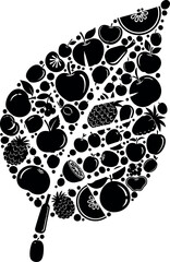 Fototapeta premium A creative silhouette of a leaf composed of various black fruit icons for a healthy eating concept