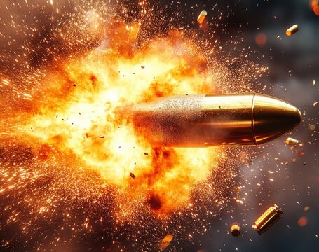 Close-up of a bullet being fired amidst a fiery explosion with flying sparks and spent casings in mid-air