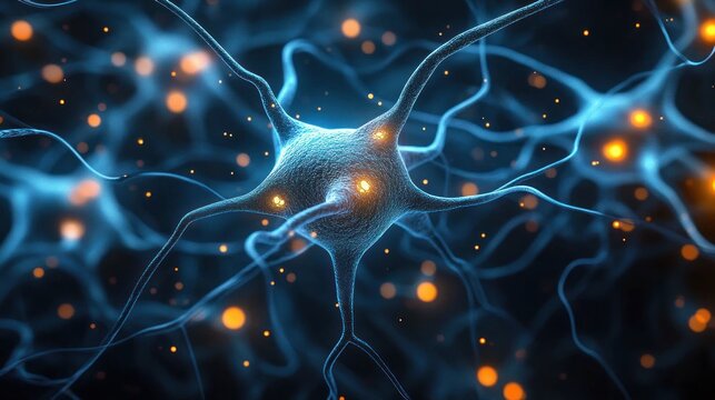 Close-up view of glowing neural cells with branching dendrites in a dark blue environment representing brain activity and neural communication - Powered by Adobe