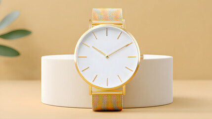 Gold watch minimalist luxury elegant mesh strap white dial timepiece modern gold metal round analog clean premium wristwatch studio pedestal cylinder beige soft light stylish fashion accessory
