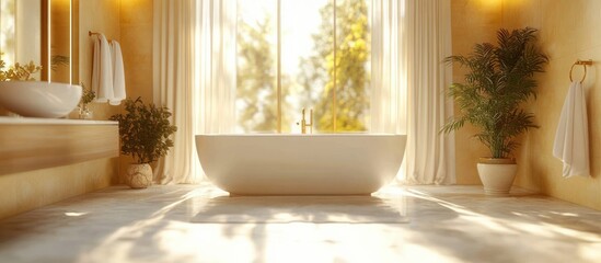 Bright modern bathroom with large freestanding bathtub centered by a sunny window with flowing white curtains and potted plants creating a calm and inviting atmosphere