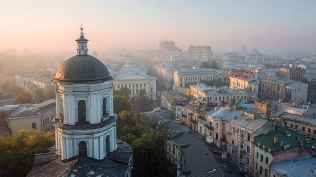 Elevated view captures historic religious dome towering over urban sprawl during hazy sunrise