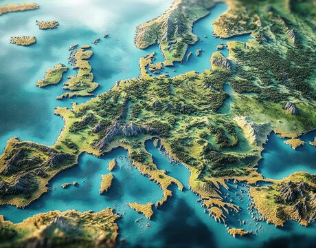 Detailed three-dimensional map of Europe featuring mountainous terrain, coastlines, islands, and forested areas with vibrant colors and realistic shading