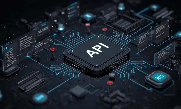 A close-up view of a microchip with the API word, highlighting technological advancements and data processing capabilities.