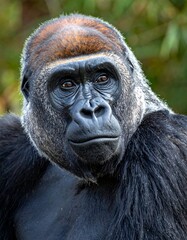 Obraz premium A close-up shot of a powerful, dark-furred primate with soft gaze