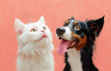 Close-up of a white fluffy cat and a happy black, white, and brown dog sitting side by side against a coral background, both looking upward with tongues out.
