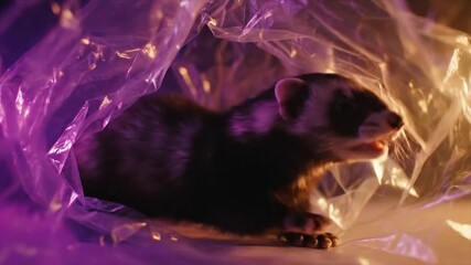 A curious ferret explores a world of shimmering plastic under vibrant neon lights.