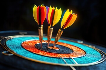 Fototapeta premium Three colorful darts striking the bullseye on a vibrant blue and orange dartboard with a dark background, symbolizing precision and success