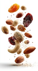Mixed nuts and dried fruit floating on a white background