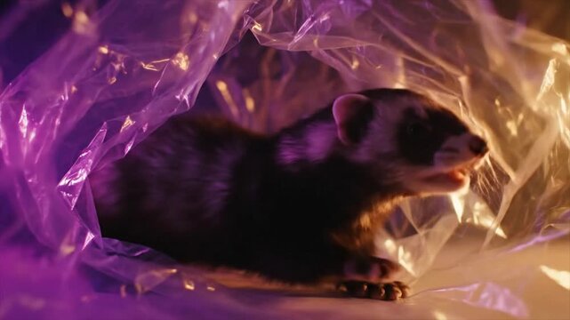 A curious ferret explores a world of shimmering plastic under vibrant neon lights.