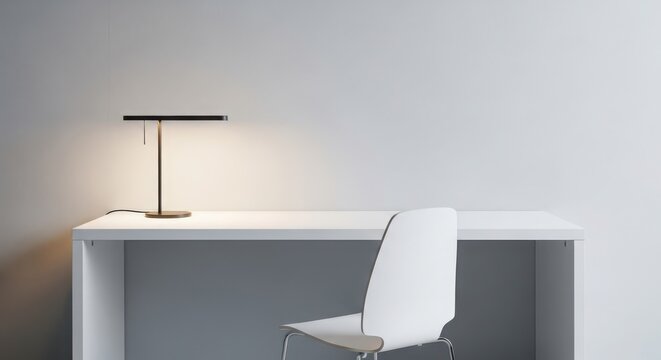 Modern minimalist desk with contemporary lamp and sleek chair in bright studio setting