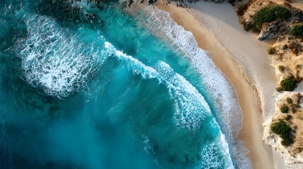 Aerial view captures dynamic turquoise ocean waves crashing onto a sandy shoreline beside arid coastal vegetation.