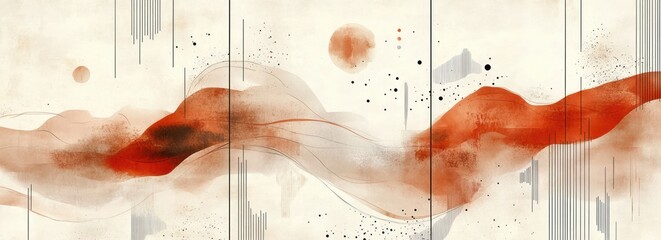 Abstract landscape with flowing red and brown waves, circular shapes, thin vertical lines, and scattered black dots on a beige textured background, evoking calm and fluidity