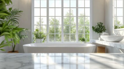 Fototapeta premium Bright modern bathroom interior with large white bathtub, marble countertops, green plants, and large window with natural light and outdoor greenery