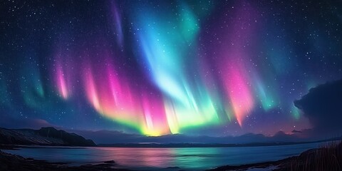 Colorful aurora borealis lights up the night sky above a calm lake with mountains and grassy shoreline under a starry sky creating a serene and magical atmosphere