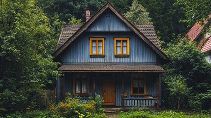 Fototapeta premium Vintage grey wooden house with rustic trim in peaceful countryside